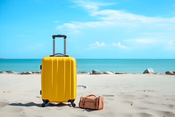 suitcase on the beach, yellow suitcase with accessories on sand beach, blue sea and blue sky, summer travel concept.