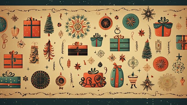  a picture of a bunch of christmas items on a beige background with snowflakes, gifts, trees, and snowflakes on the bottom of the picture.