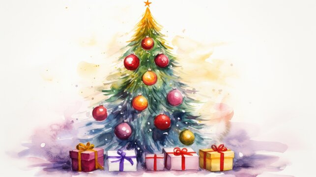  a watercolor painting of a christmas tree with presents in front of it and a star on the top of the tree, with a star on the top of the tree.