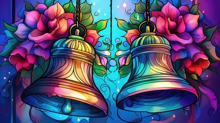  a painting of a pair of bells with roses on the top of it and a blue background with a pink rose on the bottom of the two of the two bells. - obrazy, fototapety, plakaty