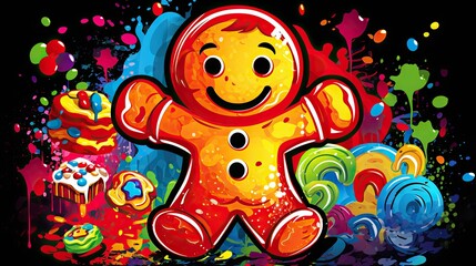  a brightly colored teddy bear with a smile on it's face and arms, surrounded by colorful paint splatters and splats, on a black background.
