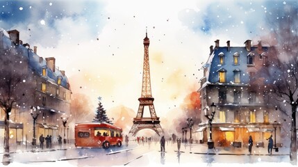  a watercolor painting of the eiffel tower and a red bus in the foreground of a snowy street with people walking in front of the eiffel tower.