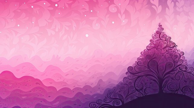  a pink and purple background with swirls and a tree on top of a hill with a sky in the background and stars in the middle of the top of the image.