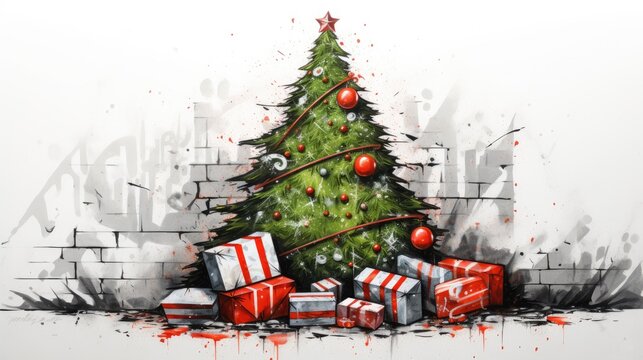  a painting of a christmas tree with presents in front of a brick wall with red and white paint splattered on the bottom and bottom of the christmas tree.
