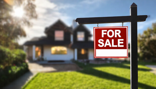 For sale real estate sign with blurred house in background