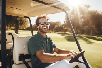 Man Driving Golf Cart on Sunny Day at Golf Course