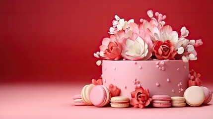  a pink cake with pink flowers and macaroons on a pink background with a red background and a pink background with macaroons, macaroons, macaroons, macaroons, macaroons, macaroons,.