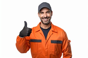 Confident Mechanic in Orange Jumpsuit Giving Thumbs Up