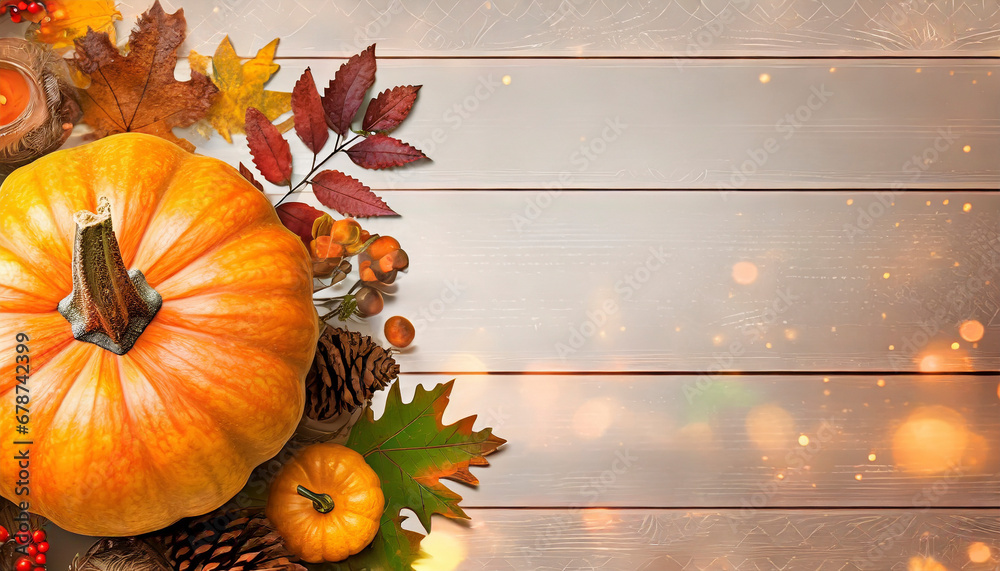 Poster Thanksgiving background with pumpkins autumn leafs and copy space