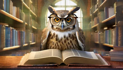 Gardinen Smart owl wearing reading glasses with a book in the library © Mariusz Blach