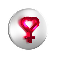 Red Female gender symbol icon isolated on transparent background. Venus symbol. The symbol for a female organism or woman. Silver circle button.