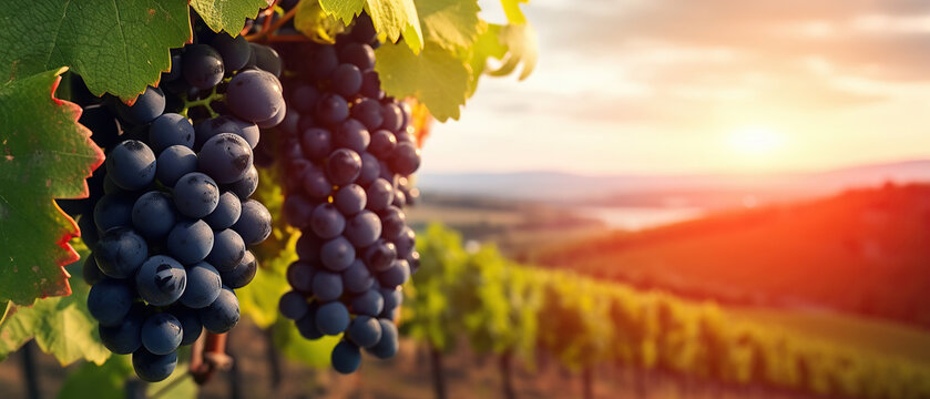 Black grape on vineyards background, winery at sunset, panoramic view banner.