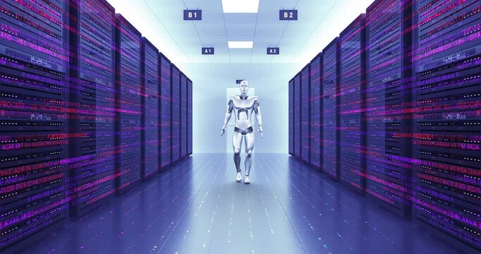 Powerful AI Robot Slowly Walking In A Modern Data Center. Technology Related 3D Animation.