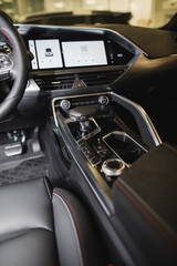 interior of an expensive car, steering wheel, panels
