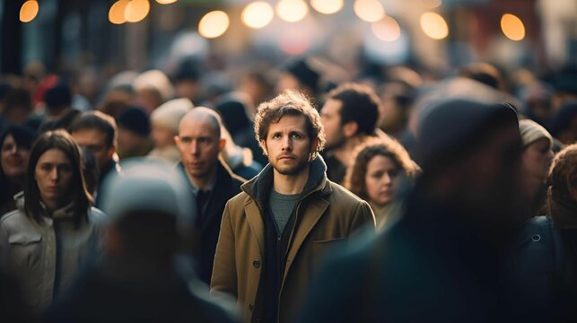 a man is standing alone in the crowd in a crowded city