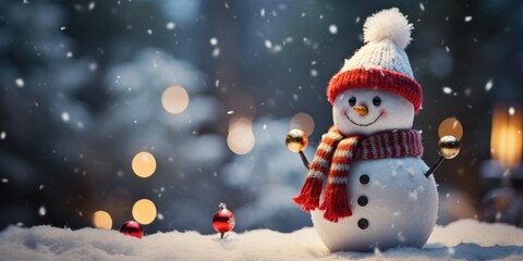 Fototapeta premium Cute little snowman in a hat,on a snowy evening landscape, winter Christmas holidays, Generative AI