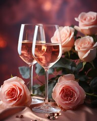 Glasses of white wine and bouquet of pink roses. Romantic celebration of Valentine's Day or wedding