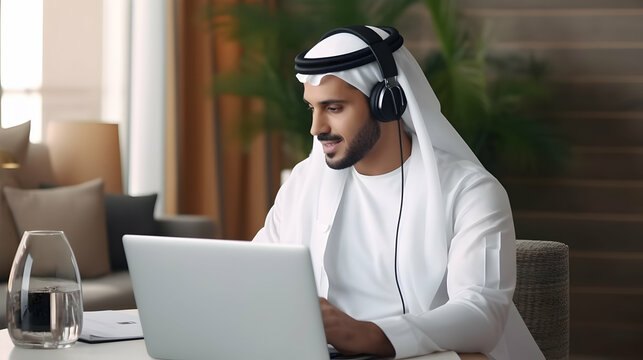 Mindful arabian male in business casual clothes using microphone of headset while holding online briefing via laptop,Generated Ai