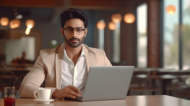 Portrait of attractive indian businessman posing at office desk with digital devices in spacious dining room,Generated Ai