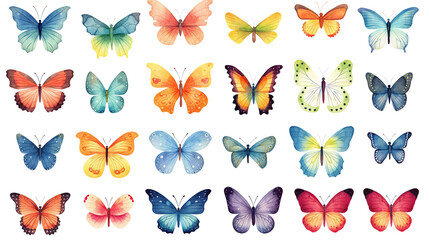 Collection of butterflies on isolated white background.watercolor butterfly png collection.