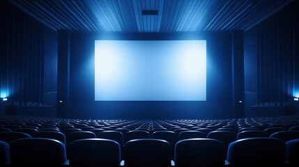 Empty of cinema in blue color with white blank screen. Mockup of hall, no people and auditorium.