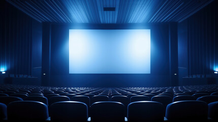 Fototapeta premium Empty of cinema in blue color with white blank screen. Mockup of hall, no people and auditorium.
