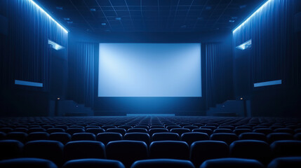 Empty of cinema in blue color with white blank screen. Mockup of hall, no people and auditorium.