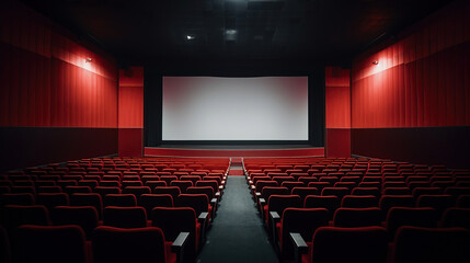 Fototapeta premium Empty of cinema in red color with white blank screen. Mockup of hall, no people and auditorium.
