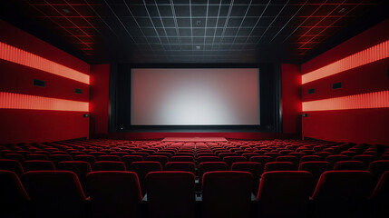 Fototapeta premium Empty of cinema in red color with white blank screen. Mockup of hall, no people and auditorium.