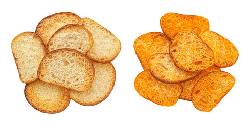 Baked crackers, bread croutons isolated on white background, top view