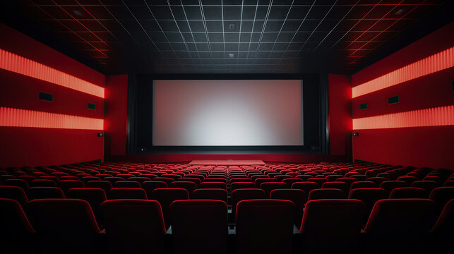 Empty of cinema in red color with white blank screen. Mockup of hall, no people and auditorium.