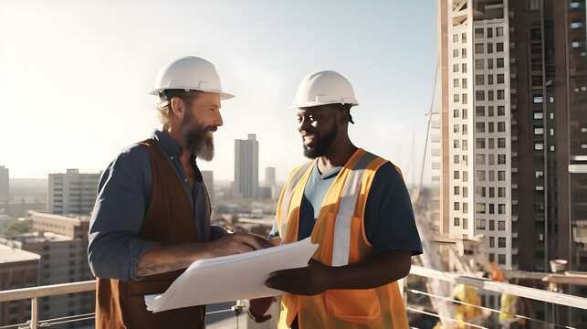 Rare view of caucasian bearded workman presenting design blueprints to african american urban planner on fresh air,Generated Ai