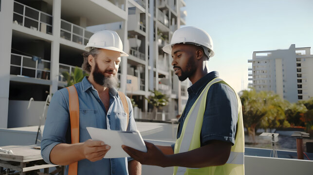 Rare view of caucasian bearded workman presenting design blueprints to african american urban planner on fresh air,Generated Ai