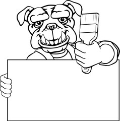 A bulldog painter decorator handyman cartoon construction man mascot character holding a paint brush tool