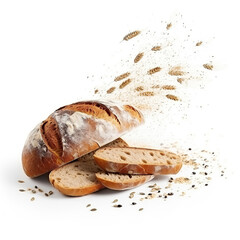 Fresh bread flying away and levitating on table close-up in flour placer, isolated on white background, Traditional bakery concept in rustic style.
