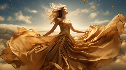 Gold Fashion Model Dress, Woman In Golden Silk Gown Flowing Fabric, Beautiful Girl on Stars Sky looking up, With clipping path. Full depth of field. Focus stacking.