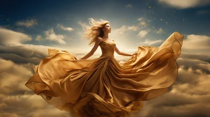 Foto op Canvas Gold Fashion Model Dress, Woman In Golden Silk Gown Flowing Fabric, Beautiful Girl on Stars Sky looking up, With clipping path. Full depth of field. Focus stacking. © Santy Hong