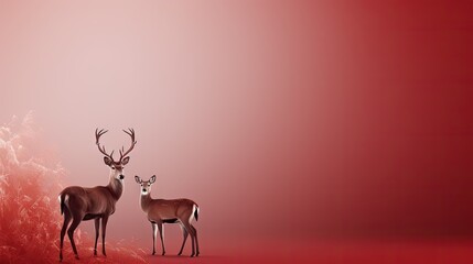  two deer standing next to each other in front of a red background with snow on the ground and a red background with white snow on the bottom of the deer.
