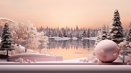  a digital painting of a winter scene with a lake, trees, and a pink ball in the foreground with a pink sky in the background and a pink sky.