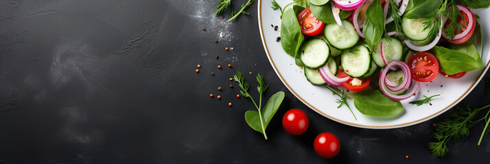 Healthy vegetable salad of fresh tomato, cucumber, onion, spinach, lettuce and sesame on plate. Diet menu. Top view. Free space for banner.