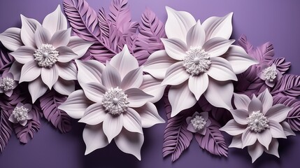  a close up of a bunch of paper flowers on a purple and purple background, with leaves and flowers in the middle of the frame, and bottom half of the frame, and bottom half of the top half of the.