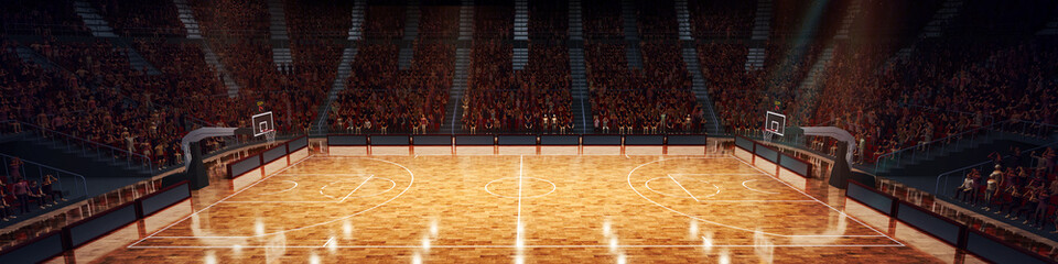 Aerial view. 3D model of empty basketball playground, arena court before championship. Stadium full of fans. Field for team games with crowdy stages. © Lustre Art Group 