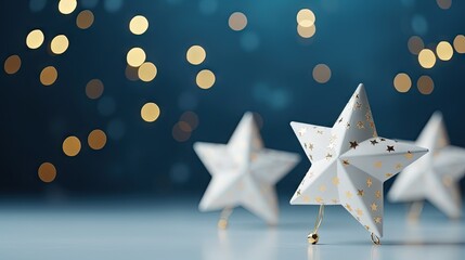  three white origami stars on a table with a blue background and gold boke of lights in the background, with a few gold stars in the foreground. - obrazy, fototapety, plakaty