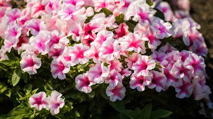 Fototapeta premium Nature background with close up of white and pink petunia surfinia flowers.