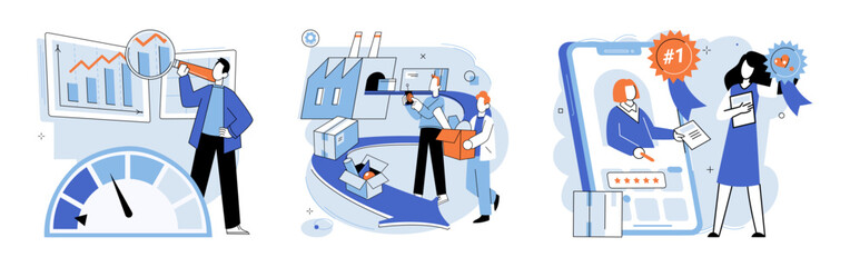 Process management. Vector illustration. The process management metaphor aids in conceptualizing complex processes Accurate information and comprehensive reports facilitate efficient development