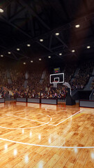 Vertical image. 3D model of basketball court, arena with hoop. Empty basketball hall, playground with fans waiting favorite players. Stadium before championship. - obrazy, fototapety, plakaty