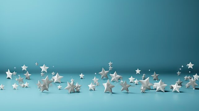  a group of white stars sitting next to each other on a blue surface with one star falling off of the left side of the image to the right of the other.