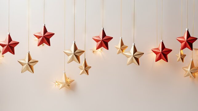  a group of red and gold stars hanging from a line of gold and red stars on a white wall, with a string of gold stars hanging from the ceiling to the ceiling.
