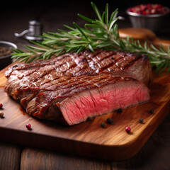 Piece of rump steak on cutting board, wooden table background.