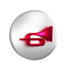 Red Musical instrument trumpet icon isolated on transparent background. Silver circle button.